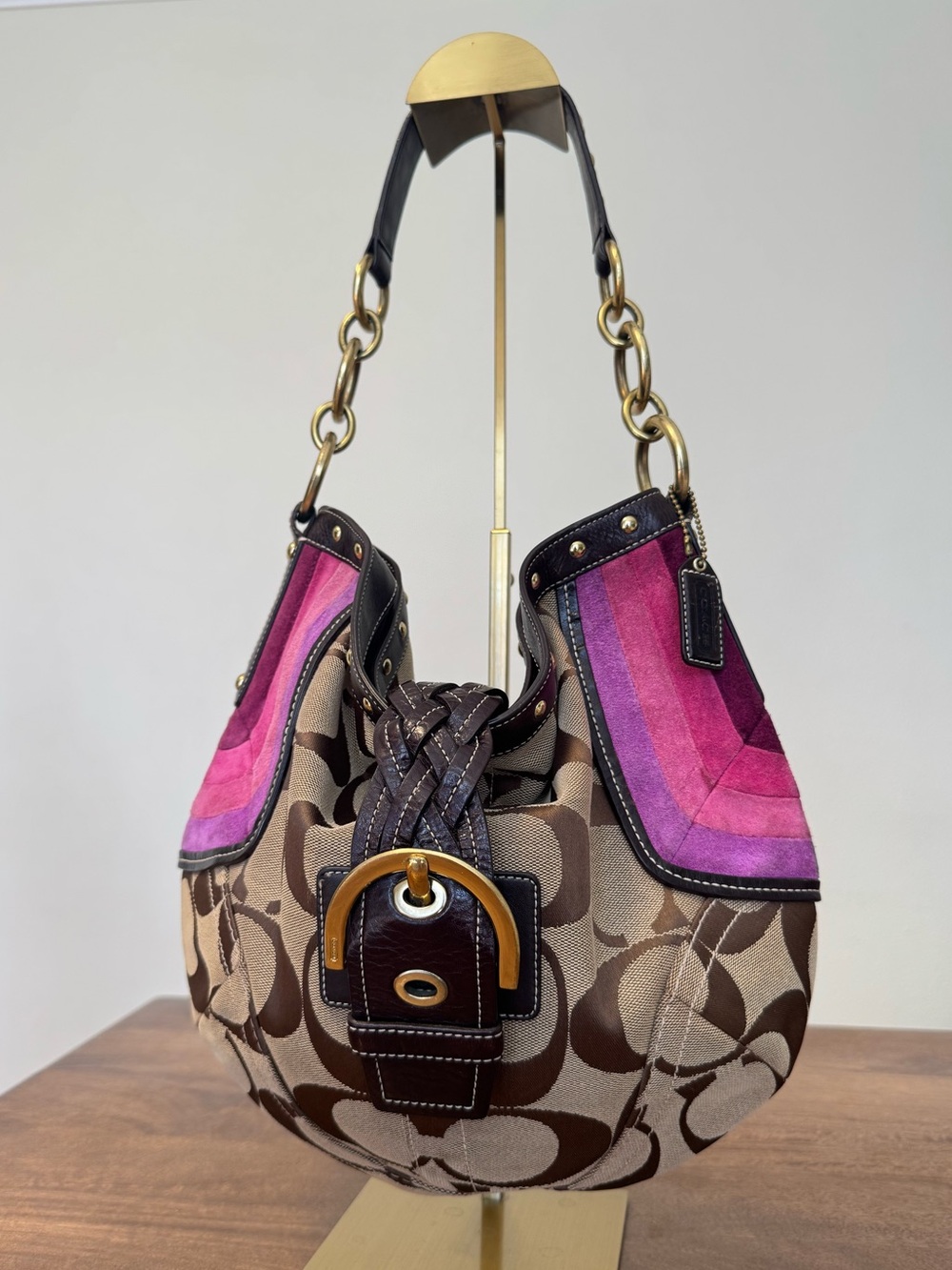 Vintage y2k Coach Signature Monogram Hobo Bag with Stripe Detail RARE
